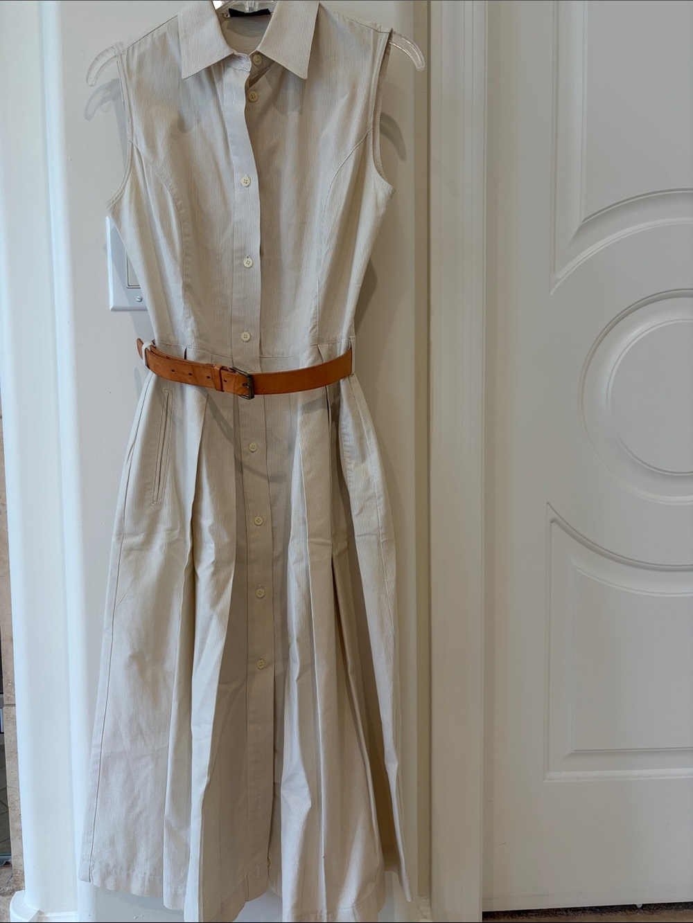 Kors Collection Cotton Cream Sleeveless Midi Shirt Dress with Tan Belt